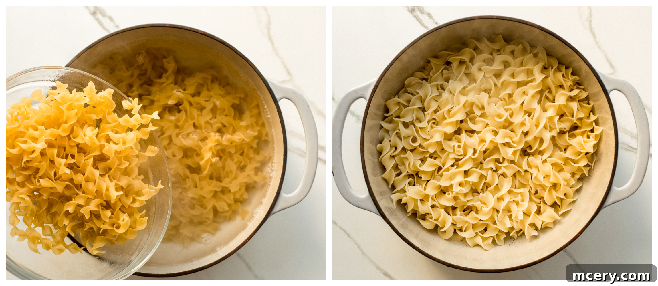 Creamy Chicken Meatball Stroganoff 6 cooked egg noodles in a pot.