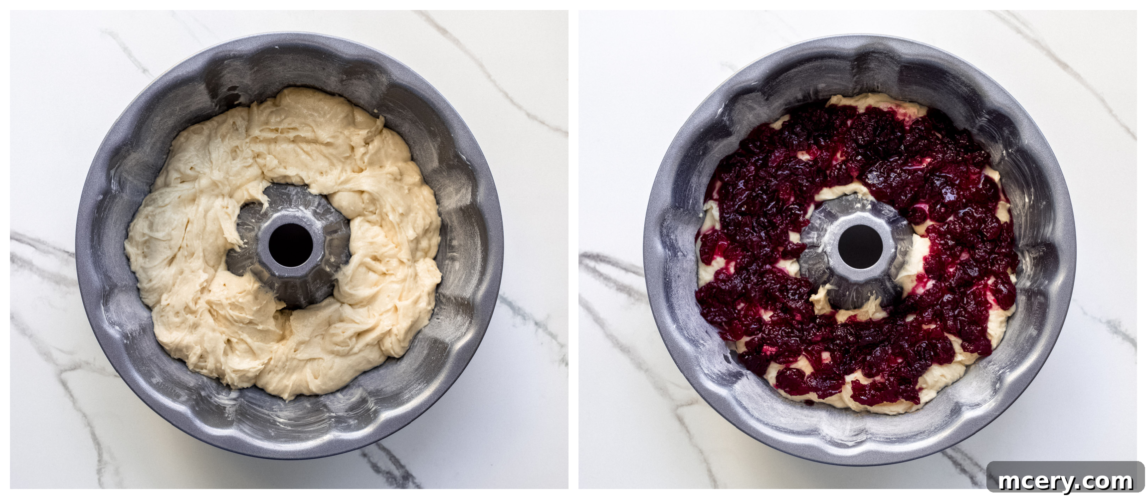 Ruby Cranberry Crumb Cake 8 cake batter layered with cranberry sauce in a bundt pan