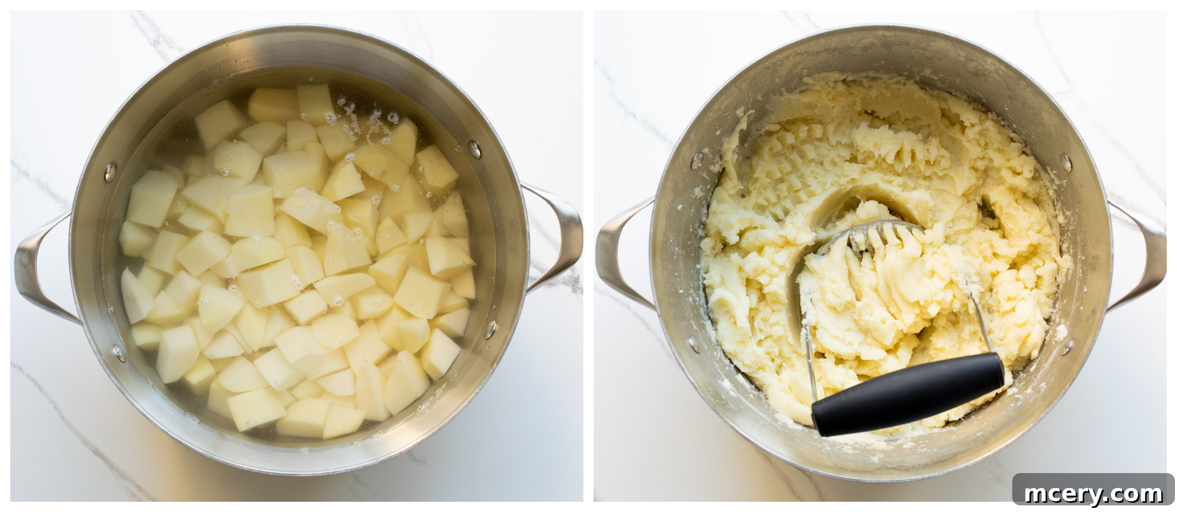 Ultimate Cheesy Baked Mash 4 potatoes in a pot being cooked