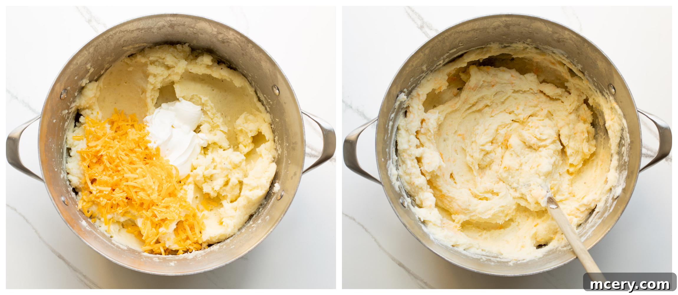 Ultimate Cheesy Baked Mash 5 mashed potatoes with cheese being mixed in a pot