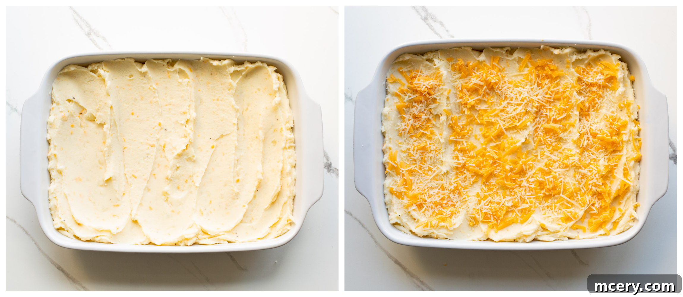 Ultimate Cheesy Baked Mash 6 mashed potatoes in a baking dish before baking