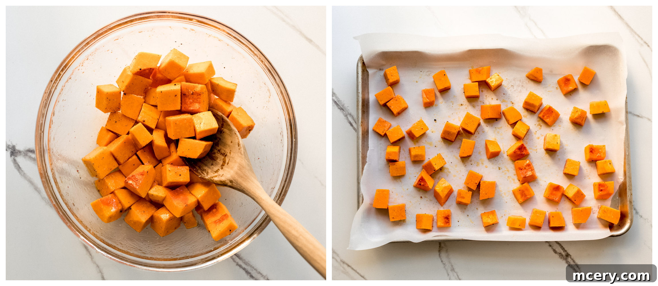 Autumn's Bounty Salad 4 roasted butternut squash in pan