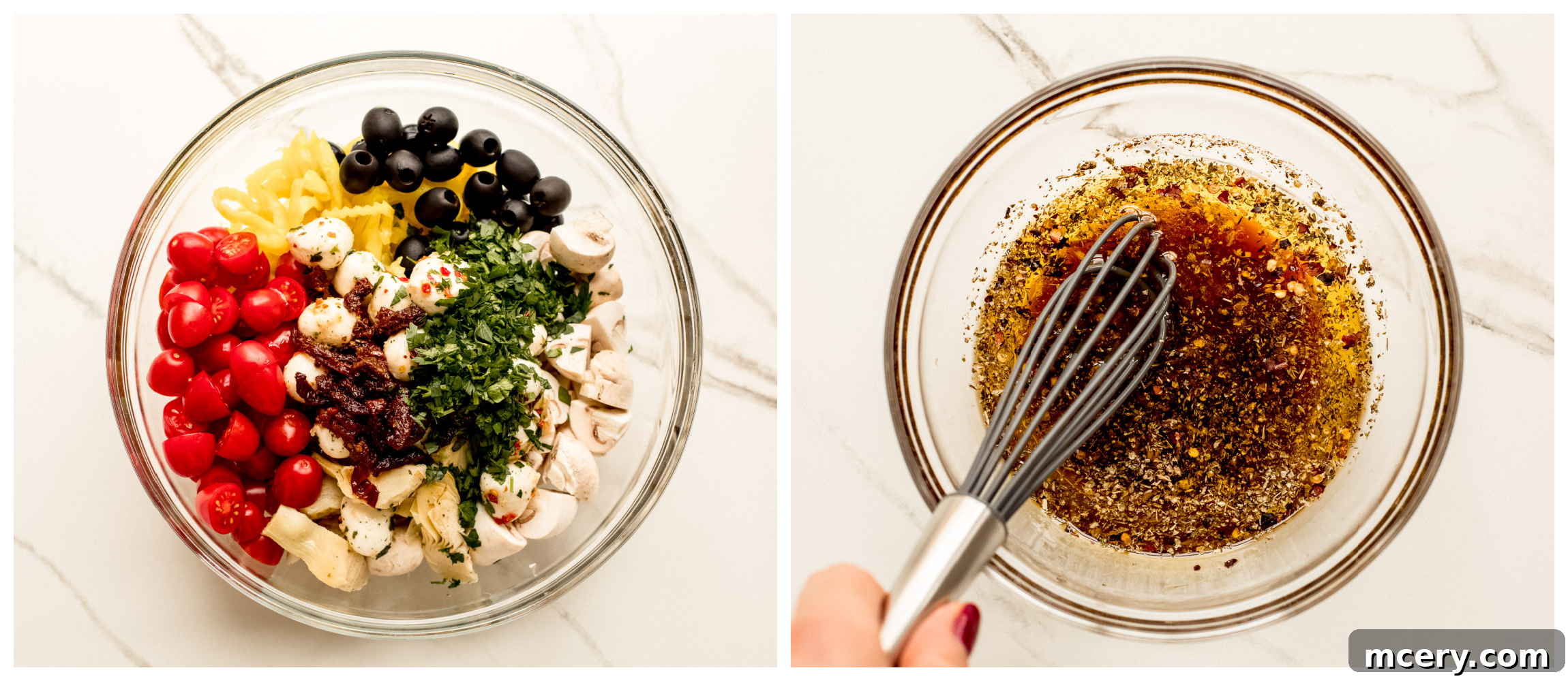 All antipasto salad ingredients mixed in a large bowl, ready for dressing.