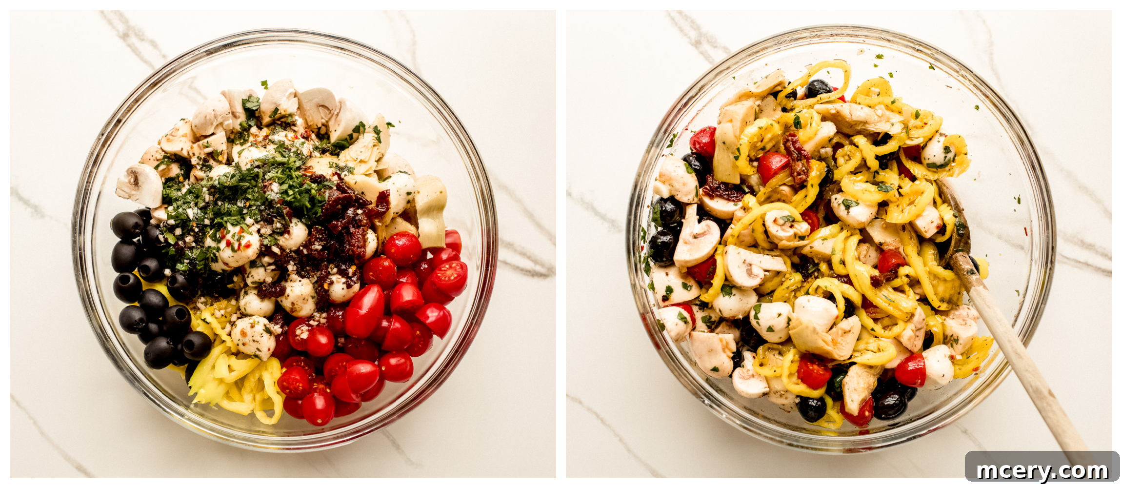The antipasto salad in a bowl, after being tossed with the homemade dressing.