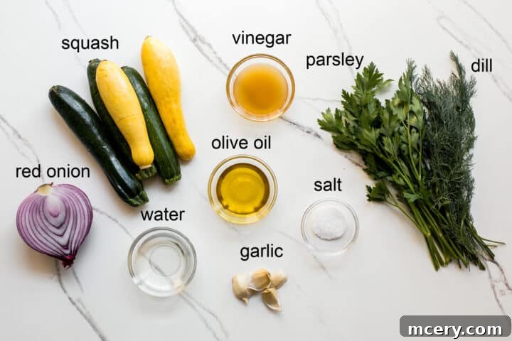 A collection of fresh ingredients for cold squash salad