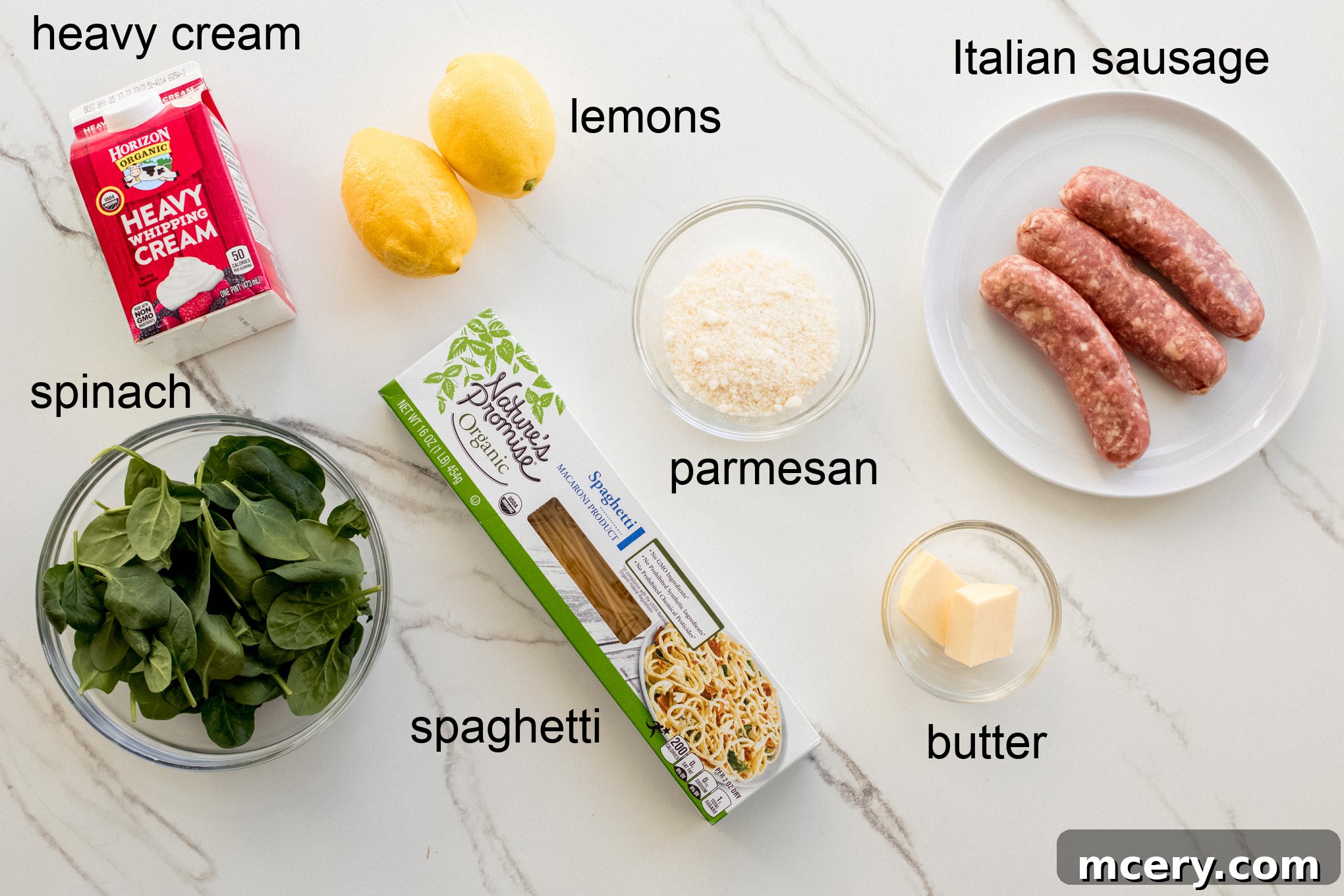 Bright Lemon Sausage Pasta 4 Fresh ingredients for Italian sausage and spinach pasta, including lemon, cream, and cheese