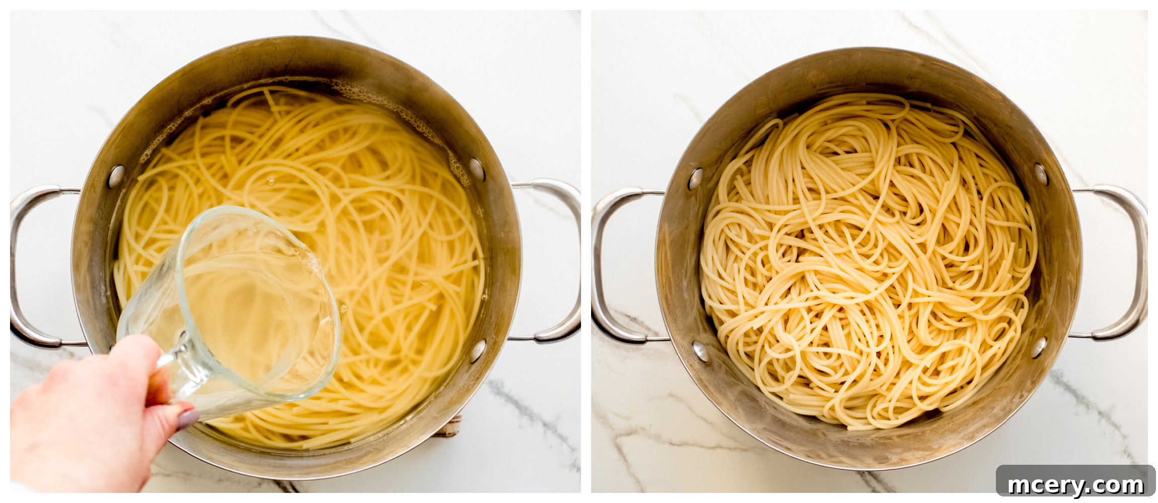 Bright Lemon Sausage Pasta 5 Cooked spaghetti in a large pot, ready to be drained