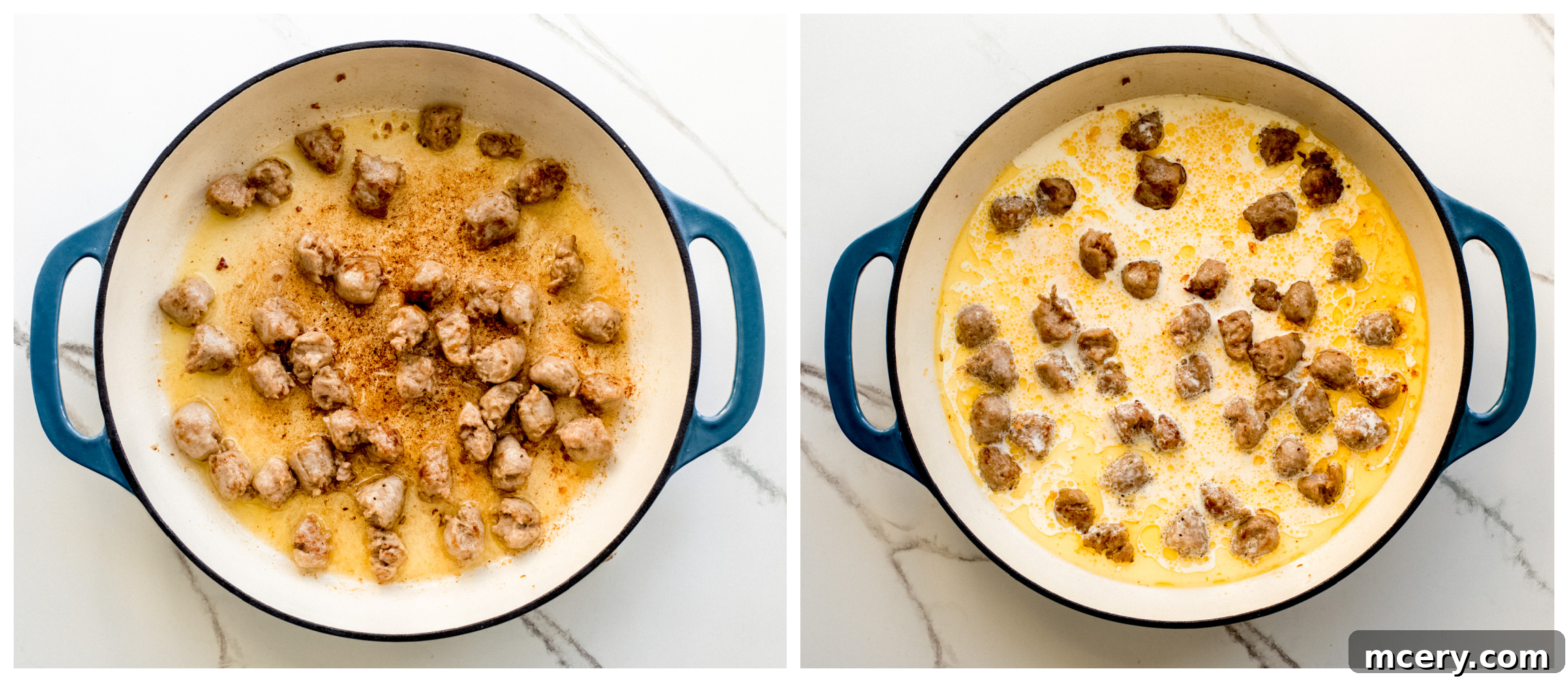 Bright Lemon Sausage Pasta 6 Golden-brown Italian sausage crumbles cooking in a large sauté pan with cream