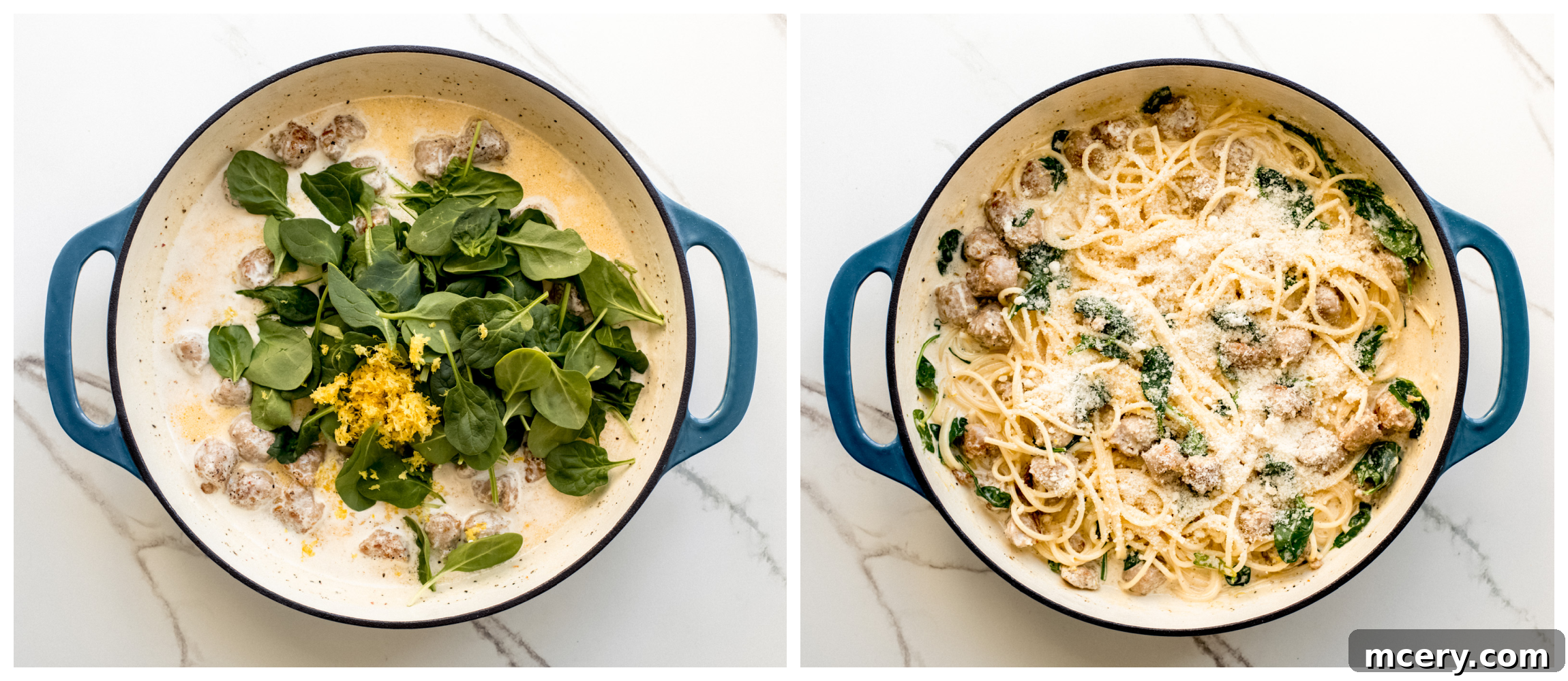 Bright Lemon Sausage Pasta 7 Spaghetti with lemon cream sauce, sausage, and spinach being tossed in a large pan