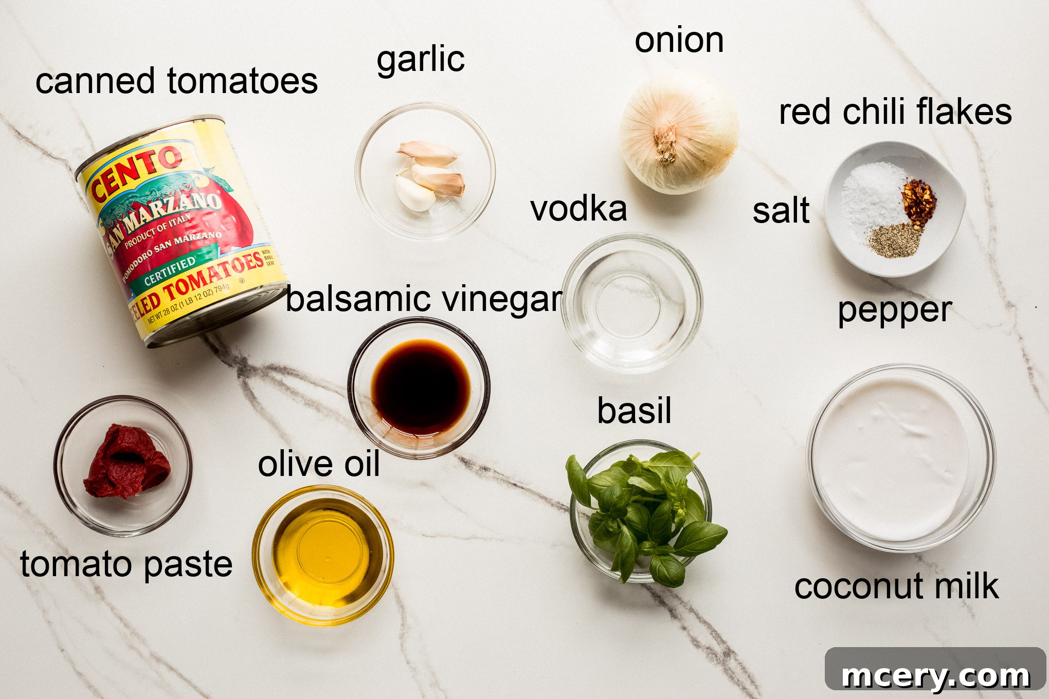 ingredients for vegan vodka sauce.