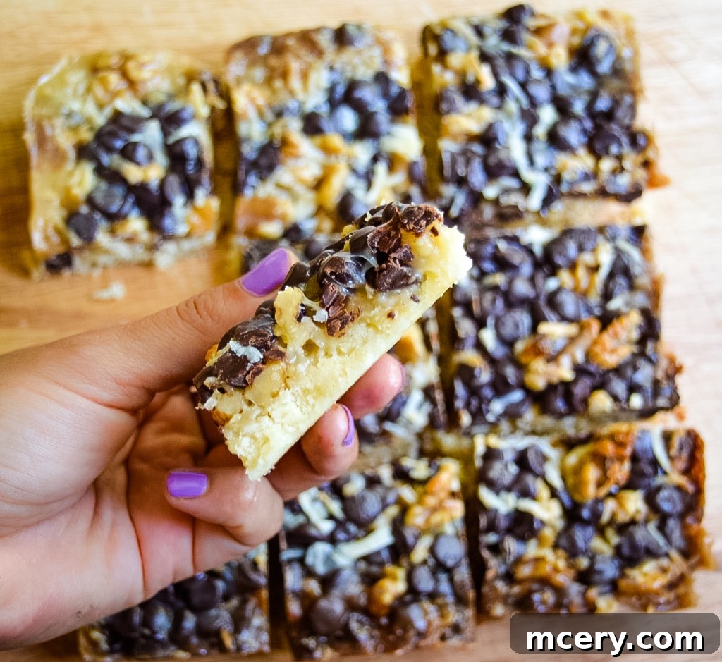 Close-up of Magic Cookie Bars layers with coconut and chocolate