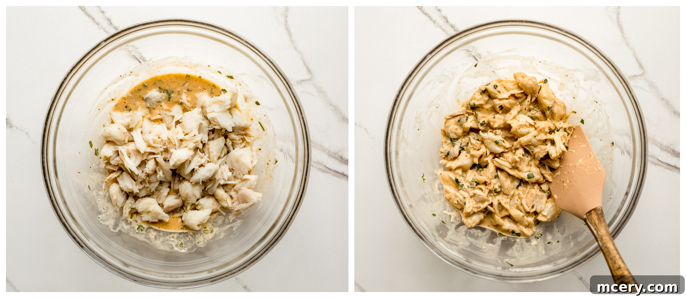 Gourmet Chesapeake Chicken 6 Lump crab meat gently folded into the imperial mixture in a bowl.