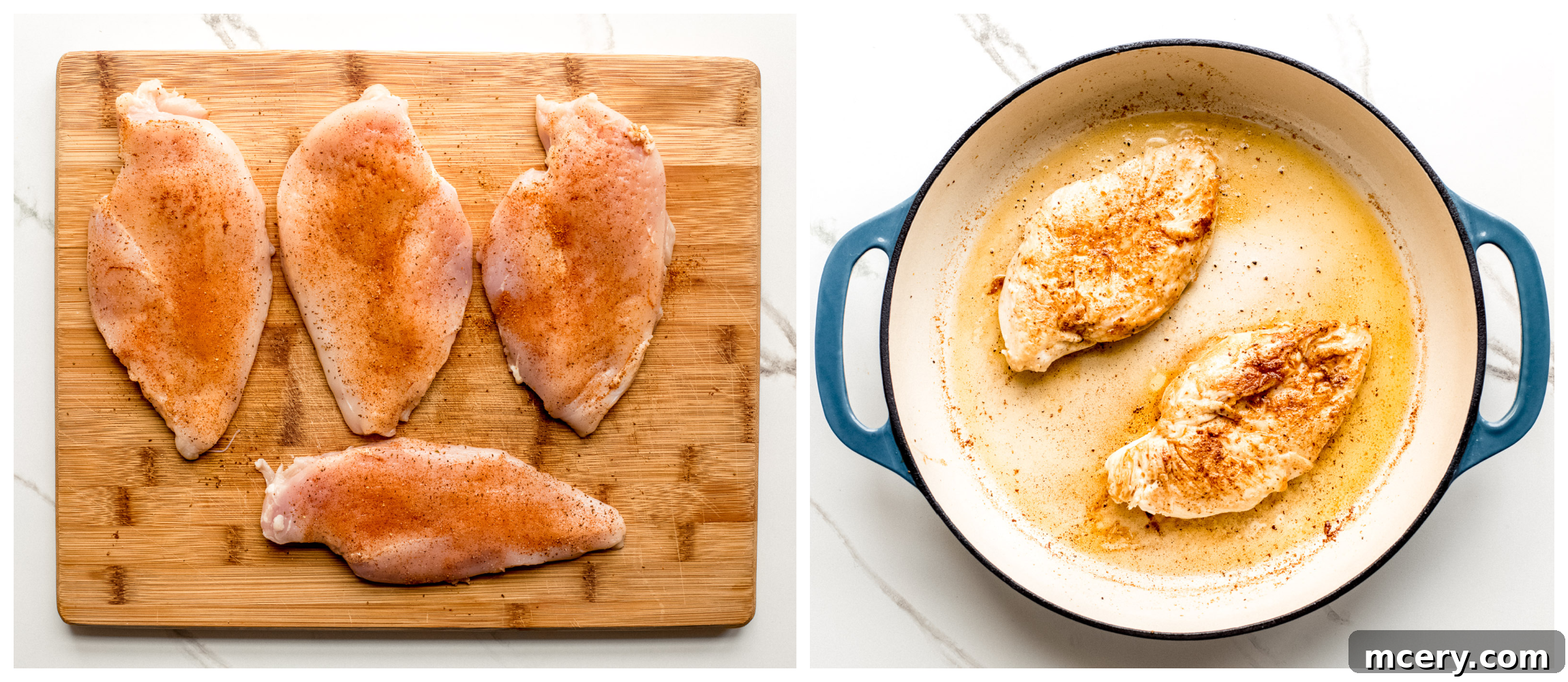 Gourmet Chesapeake Chicken 7 Chicken cutlets searing in a hot skillet until golden brown.