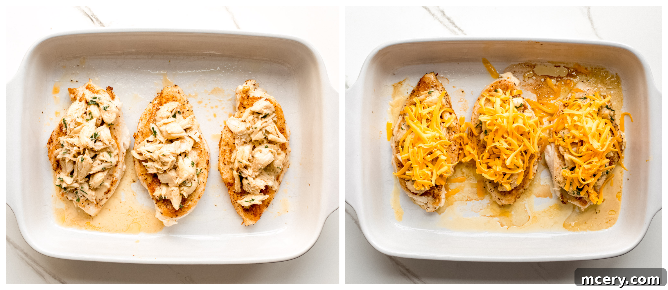Gourmet Chesapeake Chicken 8 Chicken cutlets topped with crab imperial mixture on a baking sheet, ready for the oven.