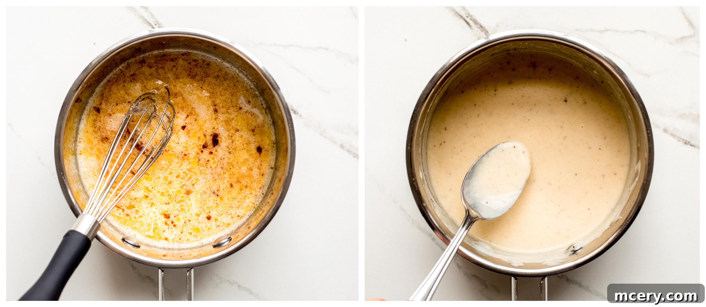 Gourmet Chesapeake Chicken 9 Old Bay cream sauce simmering in a saucepan, showing its smooth, thickened consistency.