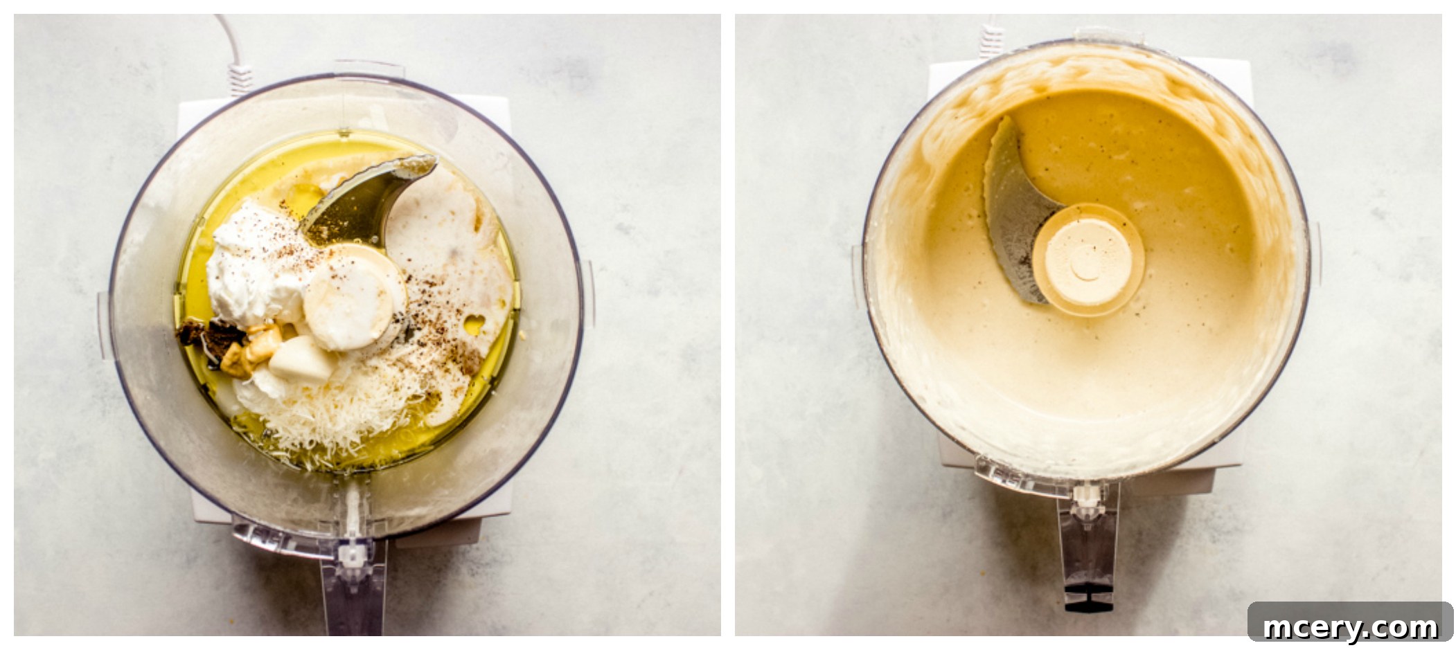 Creamy Greek Yogurt Caesar 4 steps on how to make homemade caesar dressing with no mayo