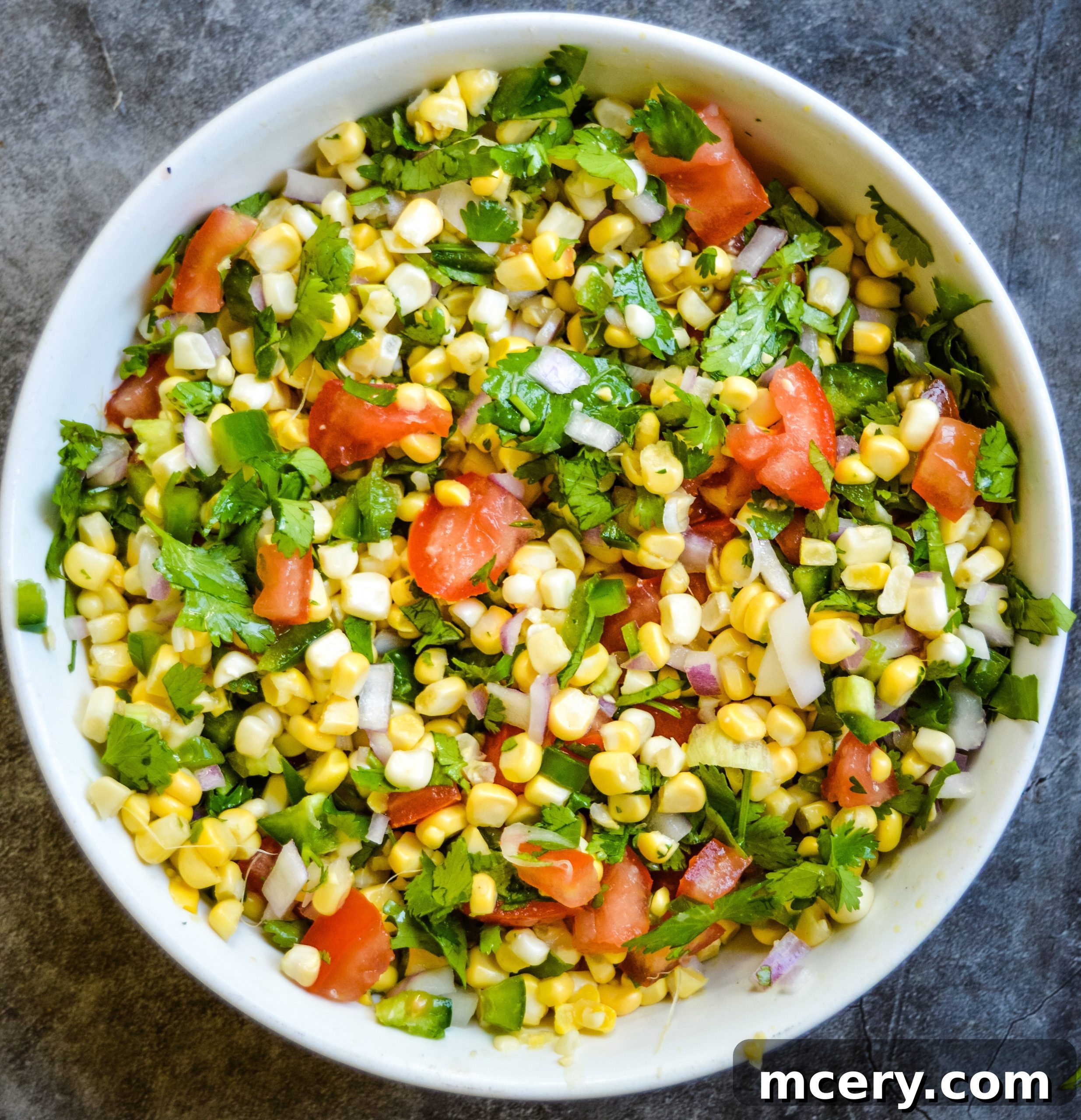 Sunshine Corn Salsa 5 A close up of the texture and vibrant colors of the freshly prepared corn salsa.