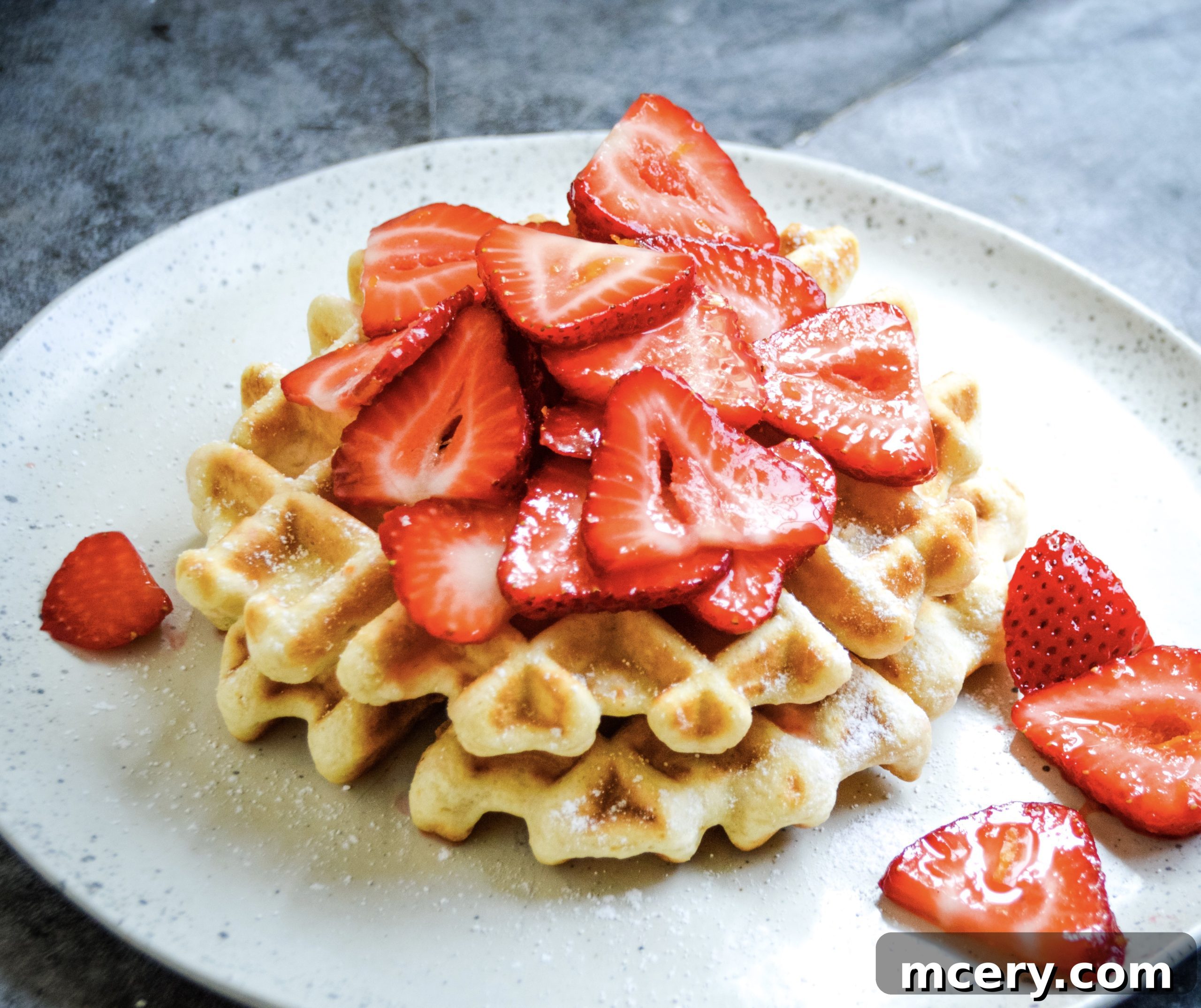 A stack of golden brown healthy waffles drizzled with fresh, vibrant strawberry topping.