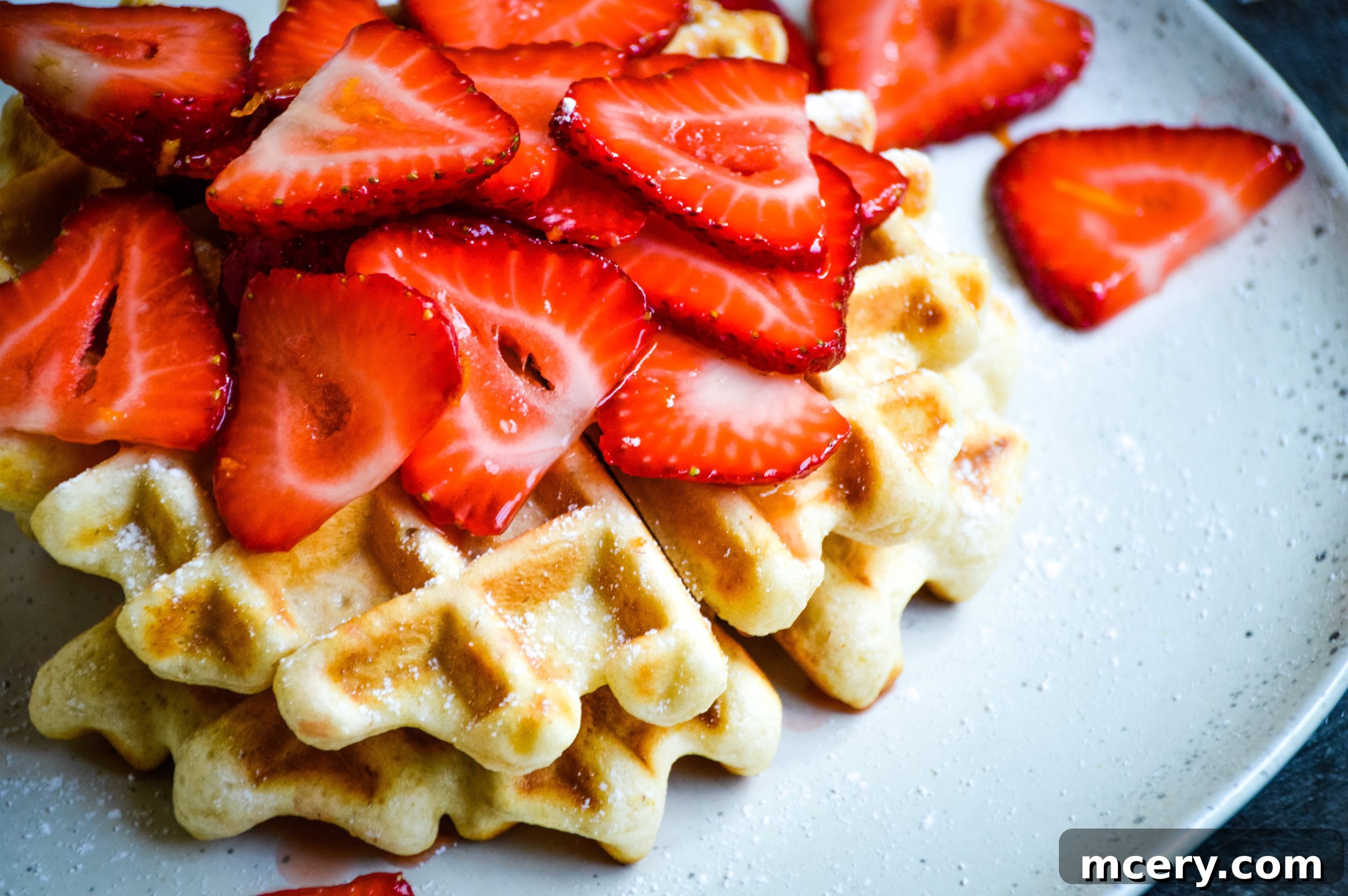A beautifully presented plate with two healthy waffles, garnished with abundant fresh strawberries.