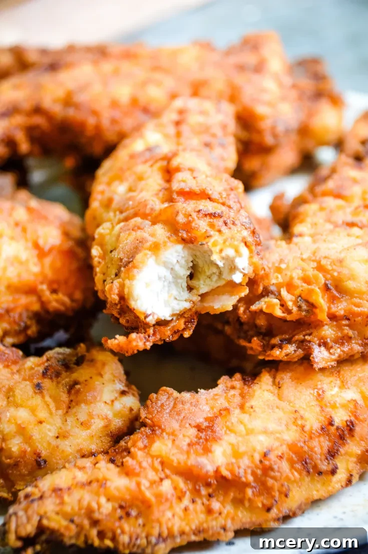 Close-up of crispy, golden-brown fried chicken tenders on a plate. One piece is bitten, revealing juicy, white meat inside. The texture is crunchy and appetizing.