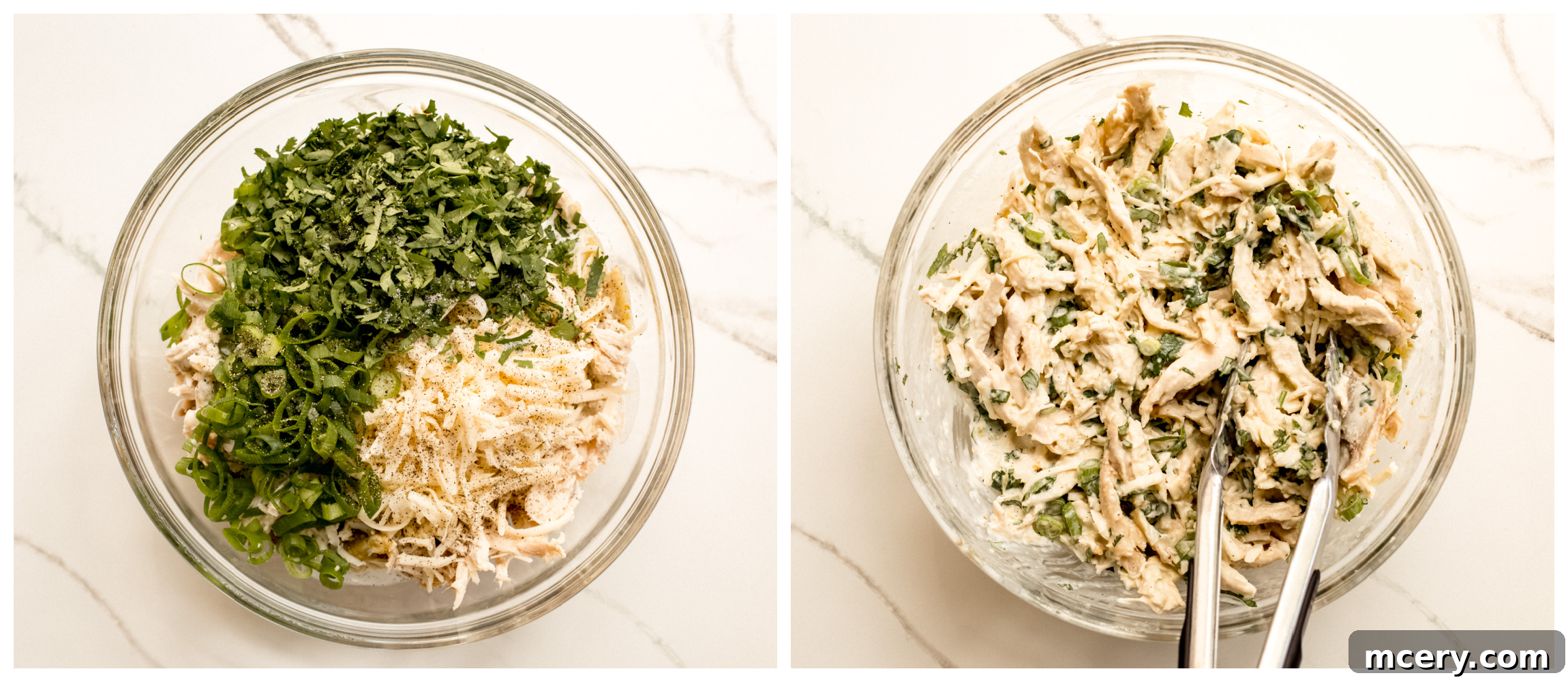 Two bowls, one with shredded chicken and cilantro, the other with the complete enchilada chicken filling.