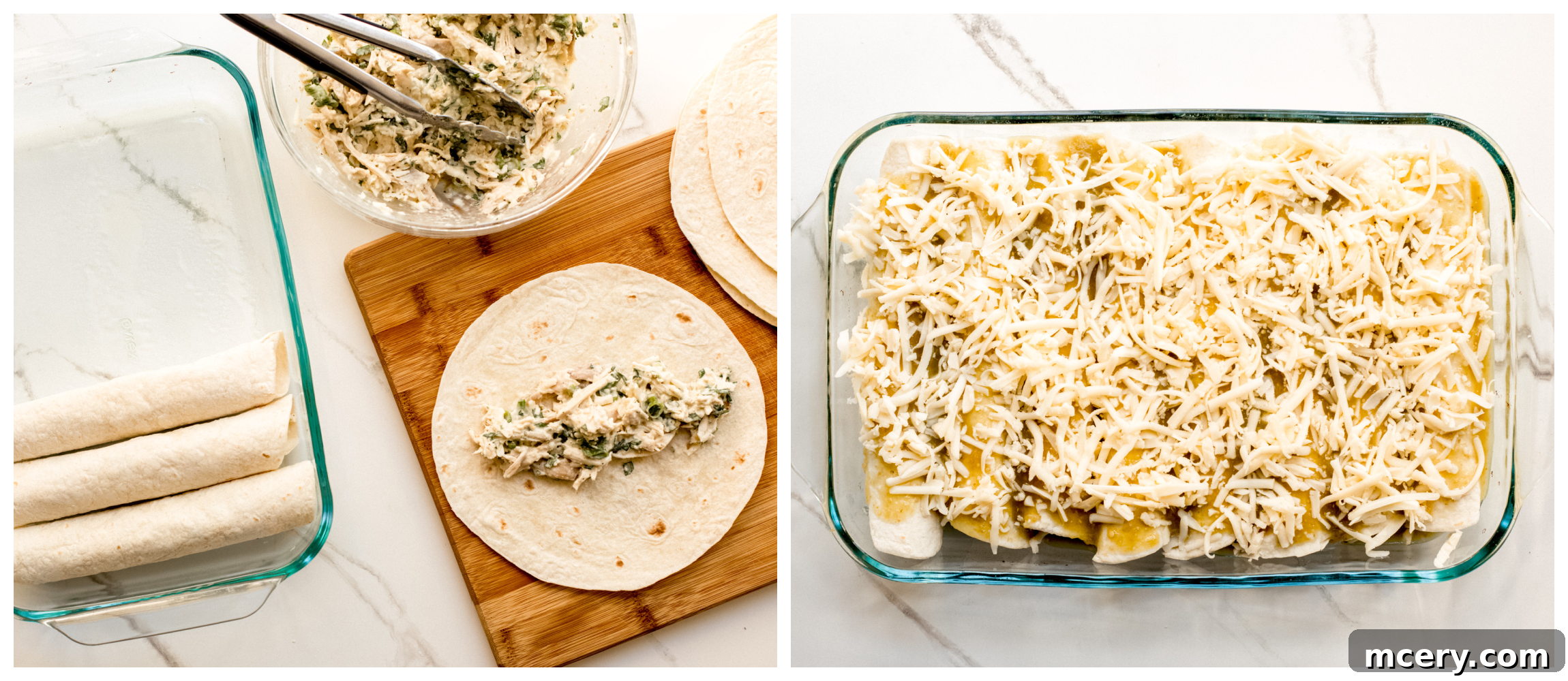 Two images side-by-side, showing tortillas being filled and then rolled enchiladas in a baking dish covered with cheese.