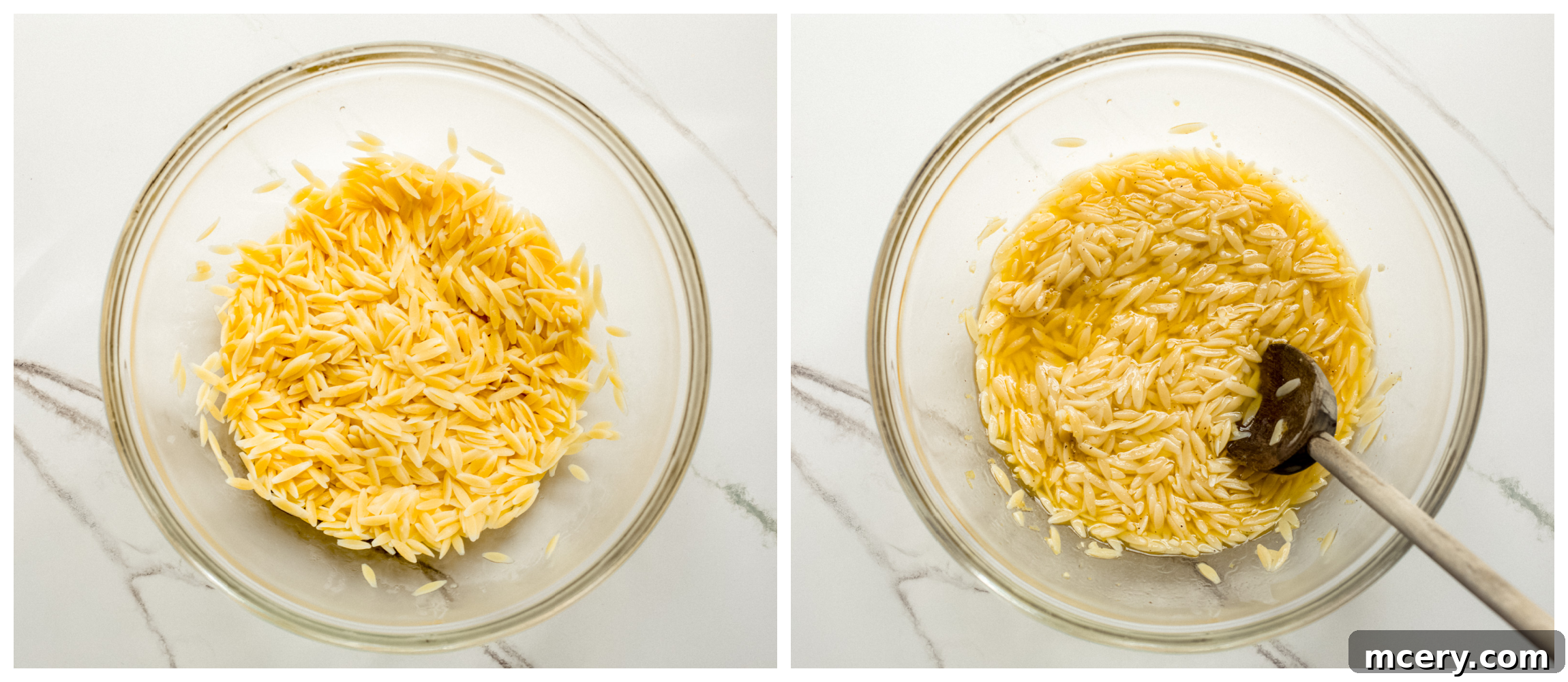 Bright Lemon Orzo Salad 5 Cooked orzo with dressing being mixed in a bowl, showing the pasta absorbing the flavors.