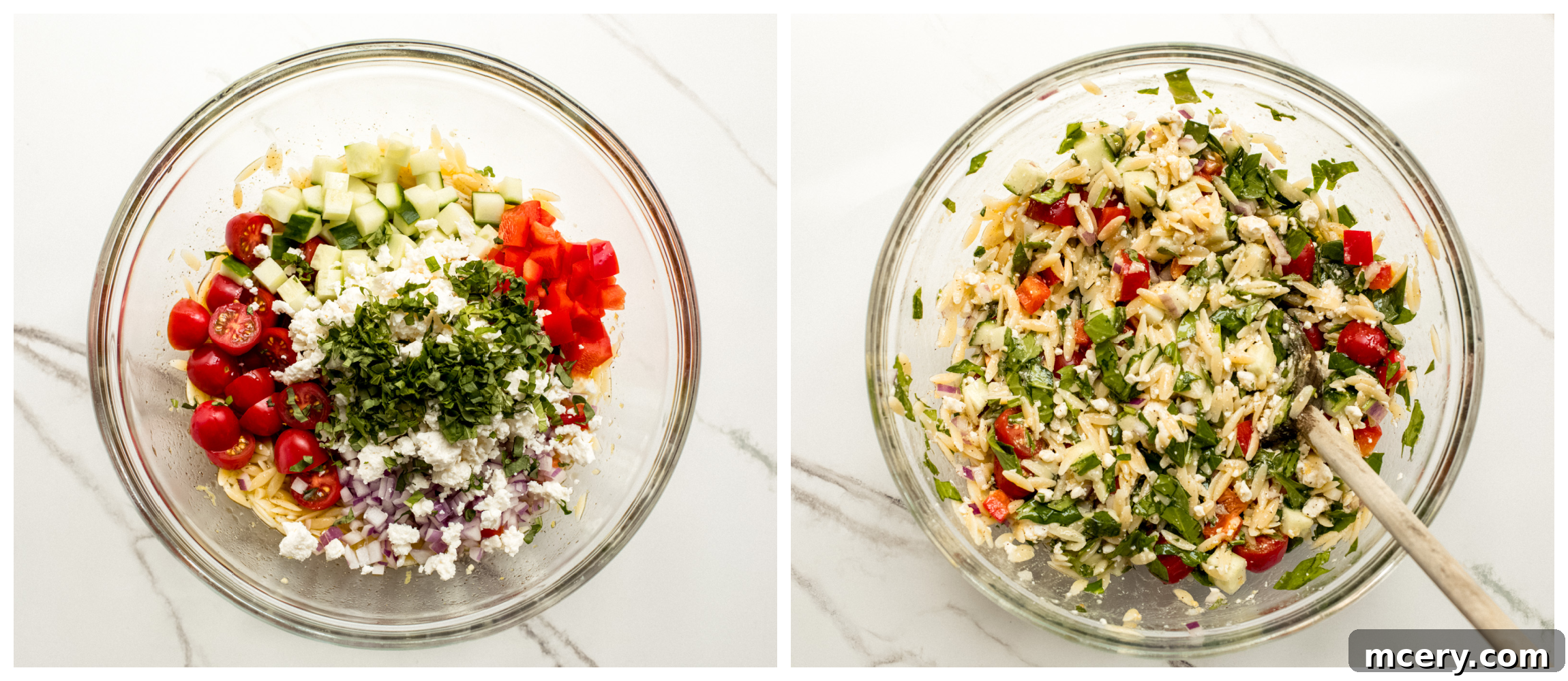 Bright Lemon Orzo Salad 6 A vibrant lemon orzo salad fully assembled in a bowl, ready to be served.