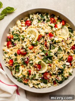 lemon orzo salad in a bowl