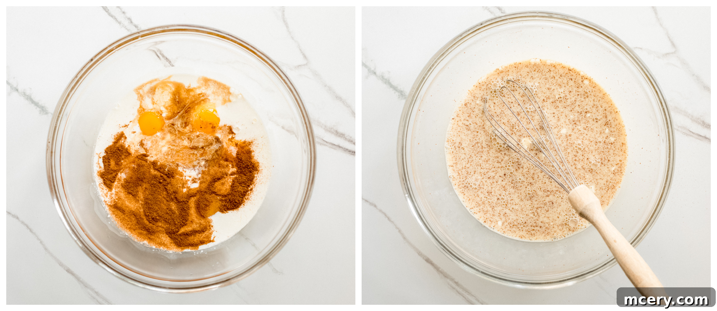 Golden Brioche French Toast Perfection 5 Two images: one showing a bowl of egg and milk custard ingredients, the other showing the whisked mixture.