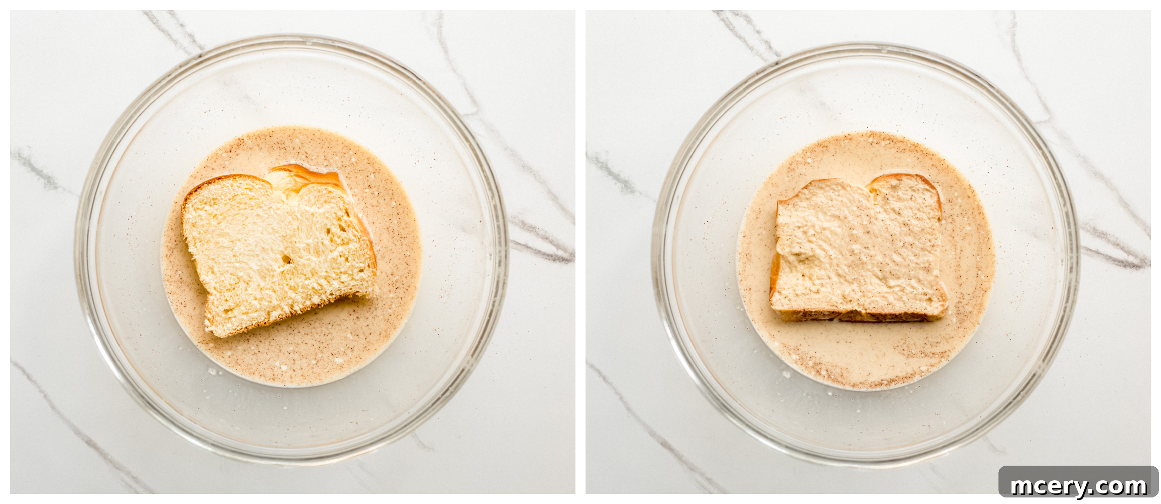 Golden Brioche French Toast Perfection 6 Two images: one showing a brioche slice partially dipped in custard, the other fully saturated.