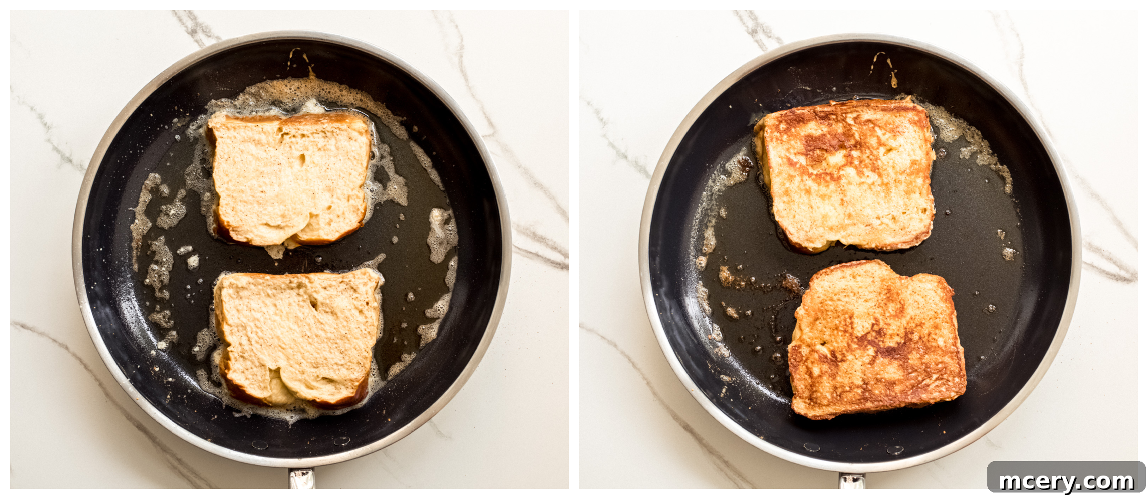 Golden Brioche French Toast Perfection 7 Two images: one showing uncooked French toast in a skillet, the other showing browned French toast.