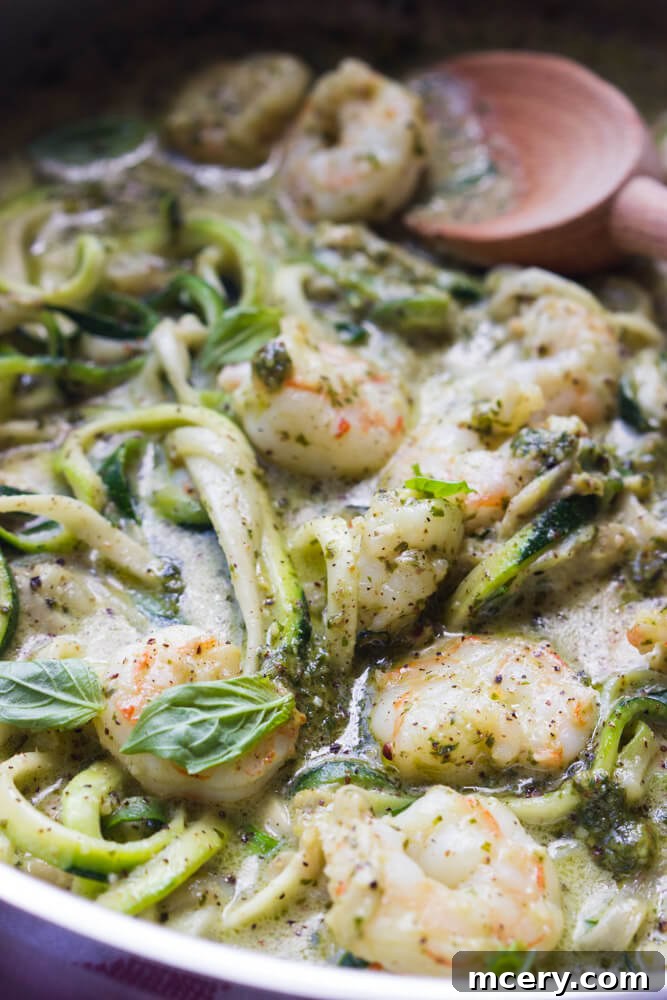Silky Pesto Shrimp Zoodle Skillet 2 zoodles pesto shrimp