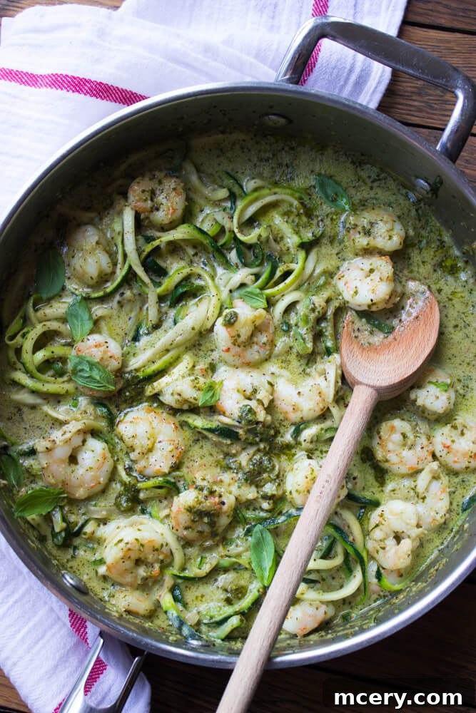 Silky Pesto Shrimp Zoodle Skillet 5 creamy zucchini noodles pasta