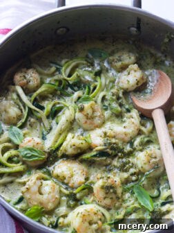 One-Pot Creamy Pesto Shrimp Zucchini Noodles - saucy shrimp in creamy pesto over tender crisp zucchini noodles. On the table in 30 min! | littlebroken.com @littlebroken