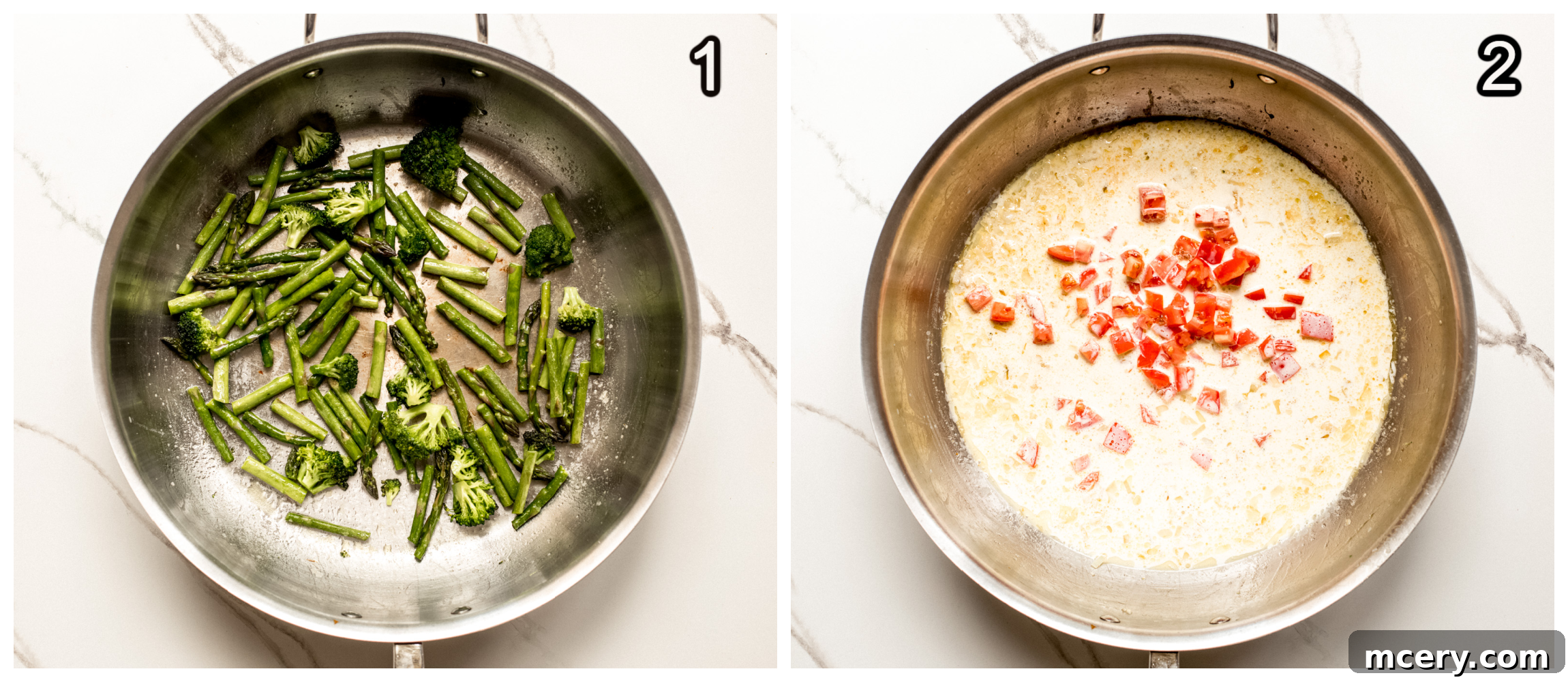 Two side-by-side skillet photos. The first shows vibrant green broccoli and asparagus florets lightly sautéed in a skillet. The second displays a creamy sauce simmering with diced tomatoes and softened onions and garlic.