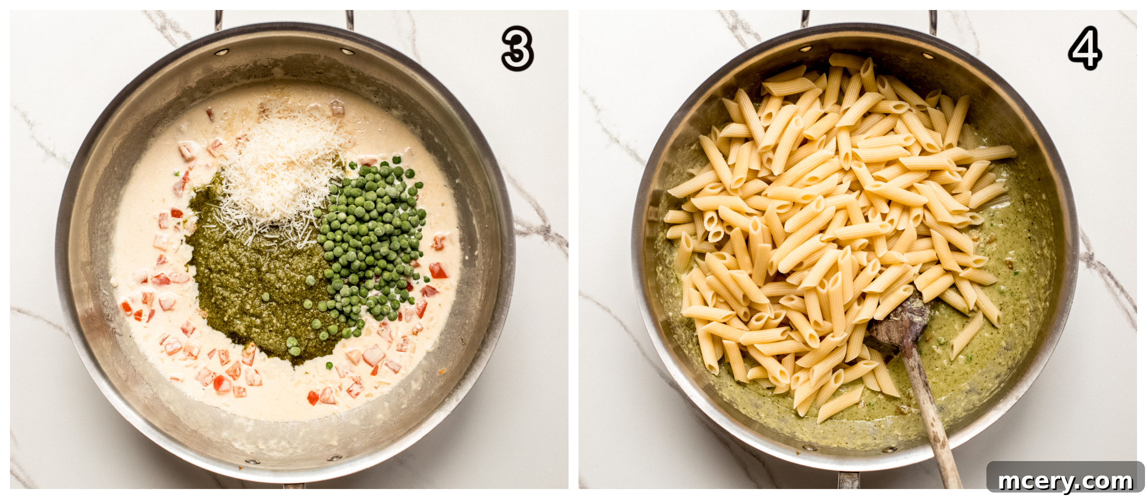 Two side-by-side skillet photos. The first shows sweet green peas, vibrant basil pesto, and grated Parmesan cheese being stirred into a creamy tomato sauce. The second shows cooked penne pasta added to the simmering sauce, ready to be tossed.
