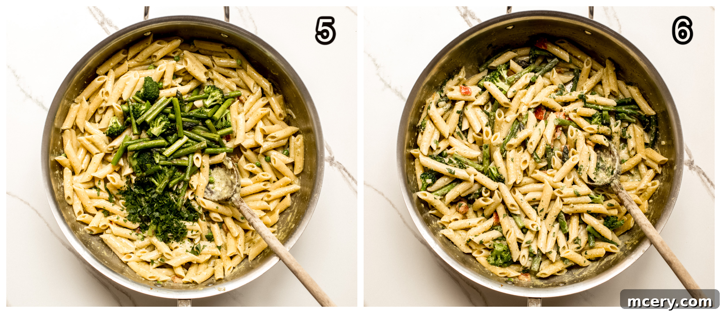 Two side-by-side skillet photos. The first shows cooked penne pasta in the sauce with sautéed broccoli and asparagus added on top. The second shows the Penne Primavera fully tossed, with all ingredients beautifully integrated into the creamy sauce.