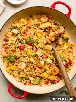 pineapple shrimp fried rice in a skillet