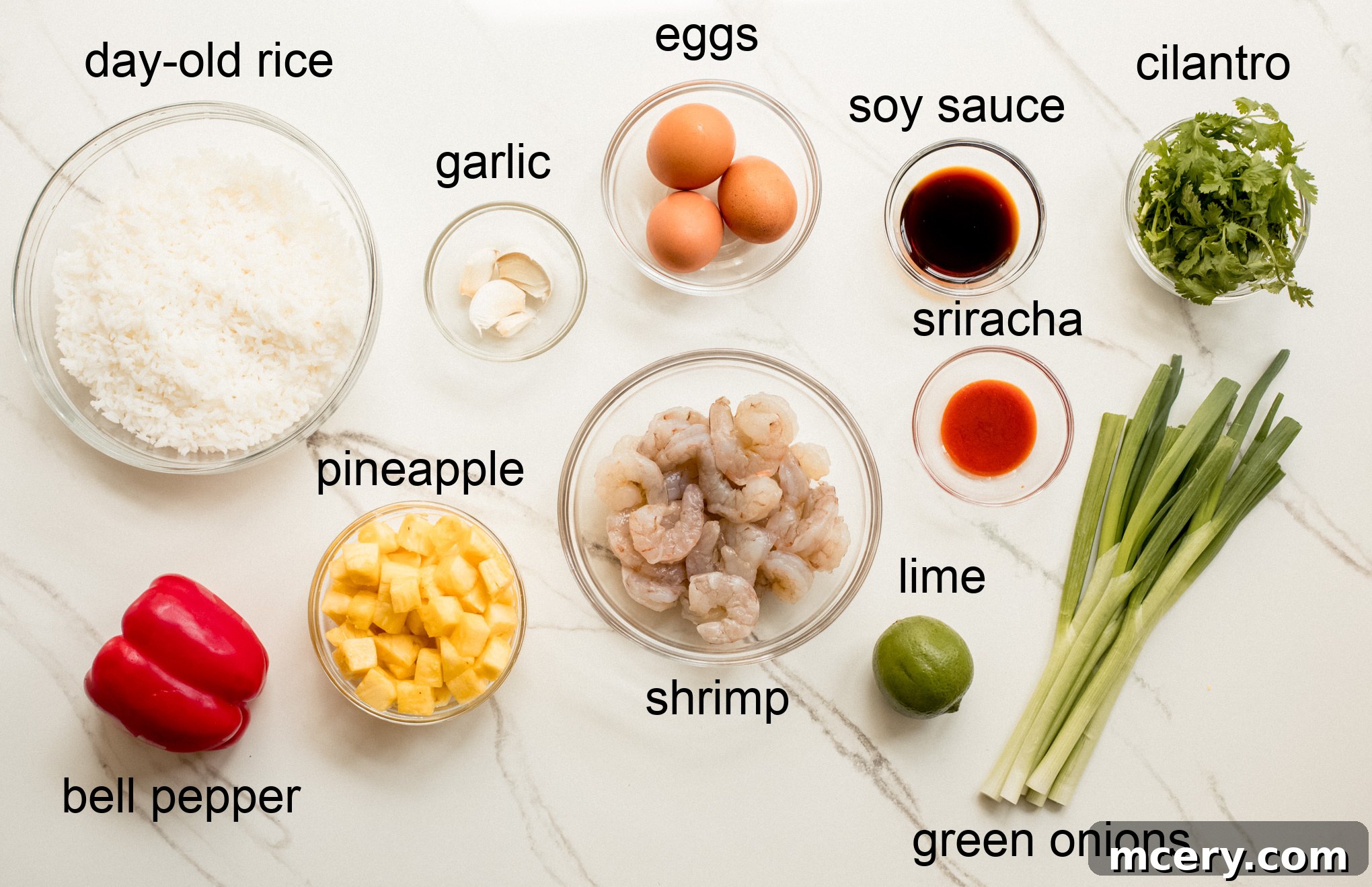 overhead image of ingredients for shrimp and pineapple fried rice.