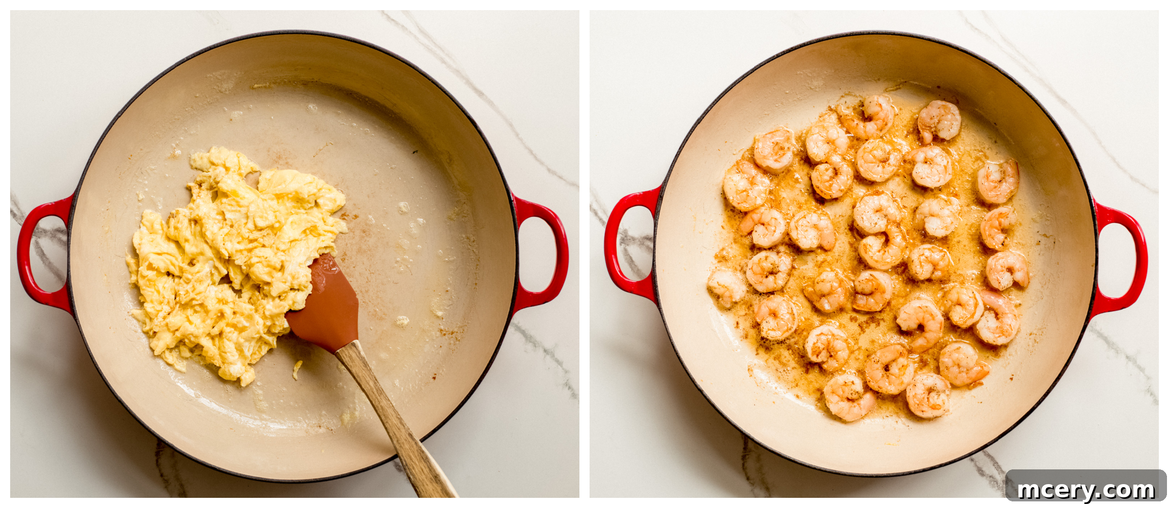 two saucepan photos showing scrambled eggs in one, and sauteed shrimp in the second.
