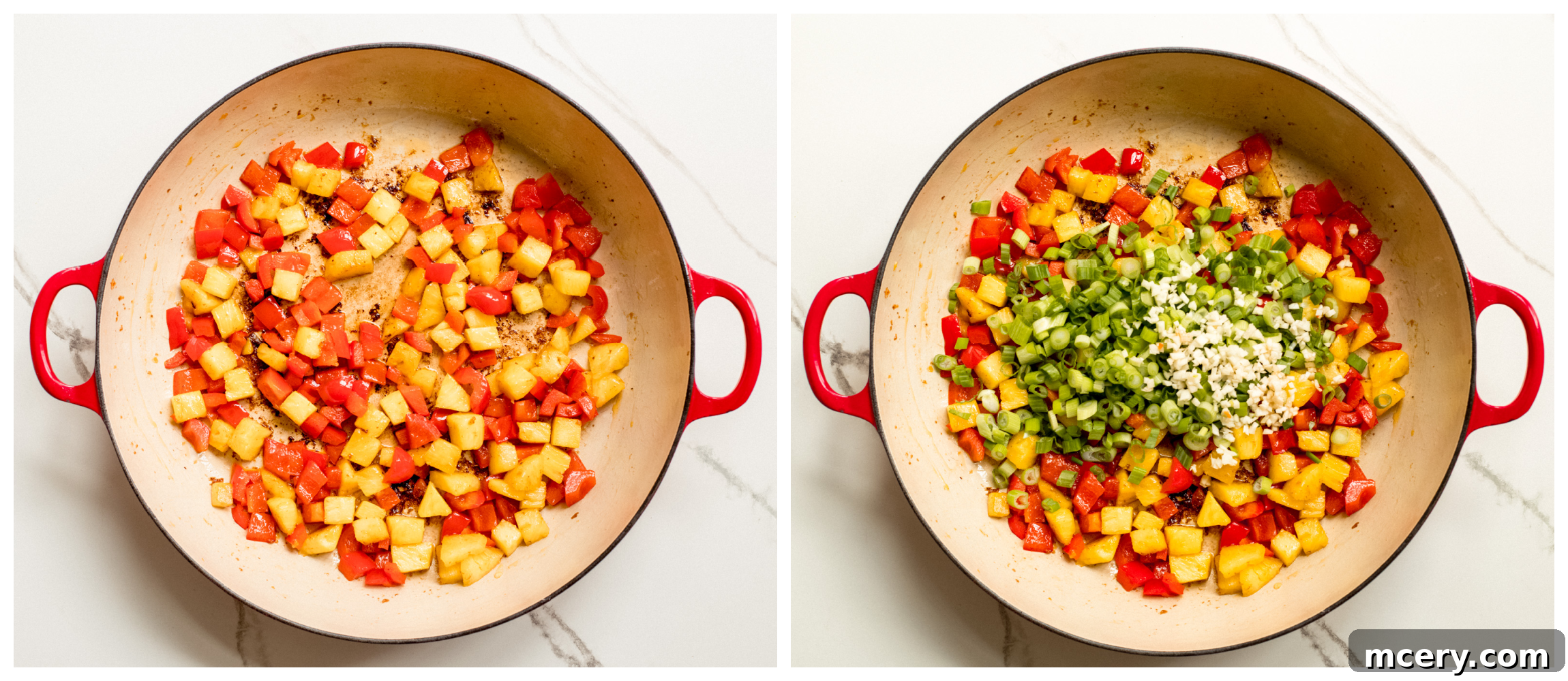 two saucepan photos showing cooked vegetables in one, and vegetables with green herbs in second.