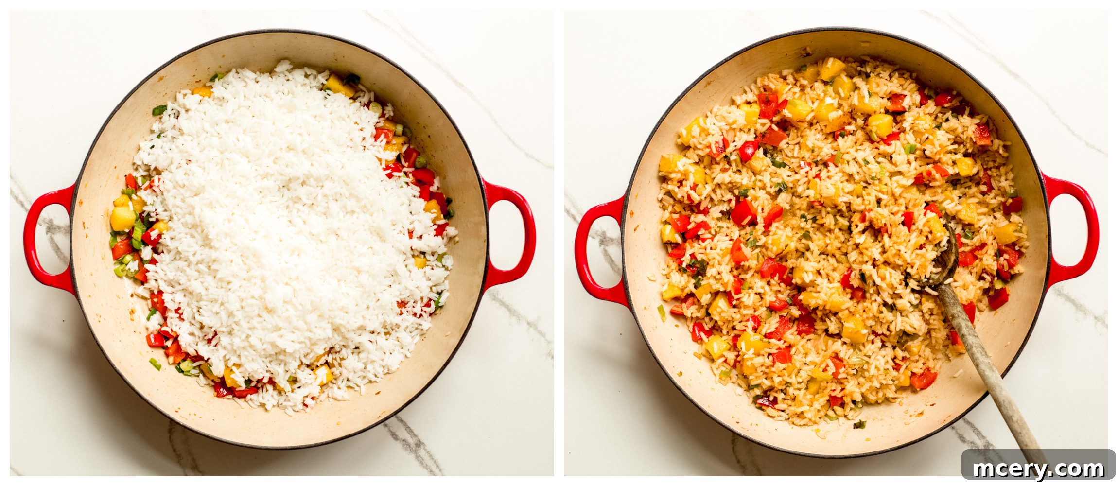 two saucepan photos showing white rice on top of vegetables in one, and rice mixed into vegetables in the second.