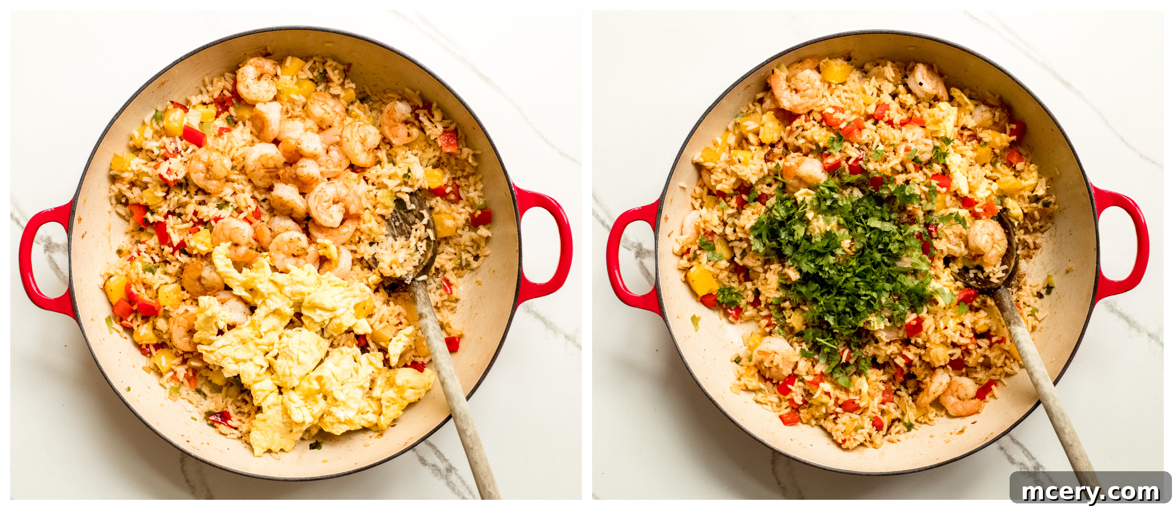 two saucepan photos showing shrimp and scrambled eggs in one, and shrimp and scrambled eggs with herbs mixed into rice in second.