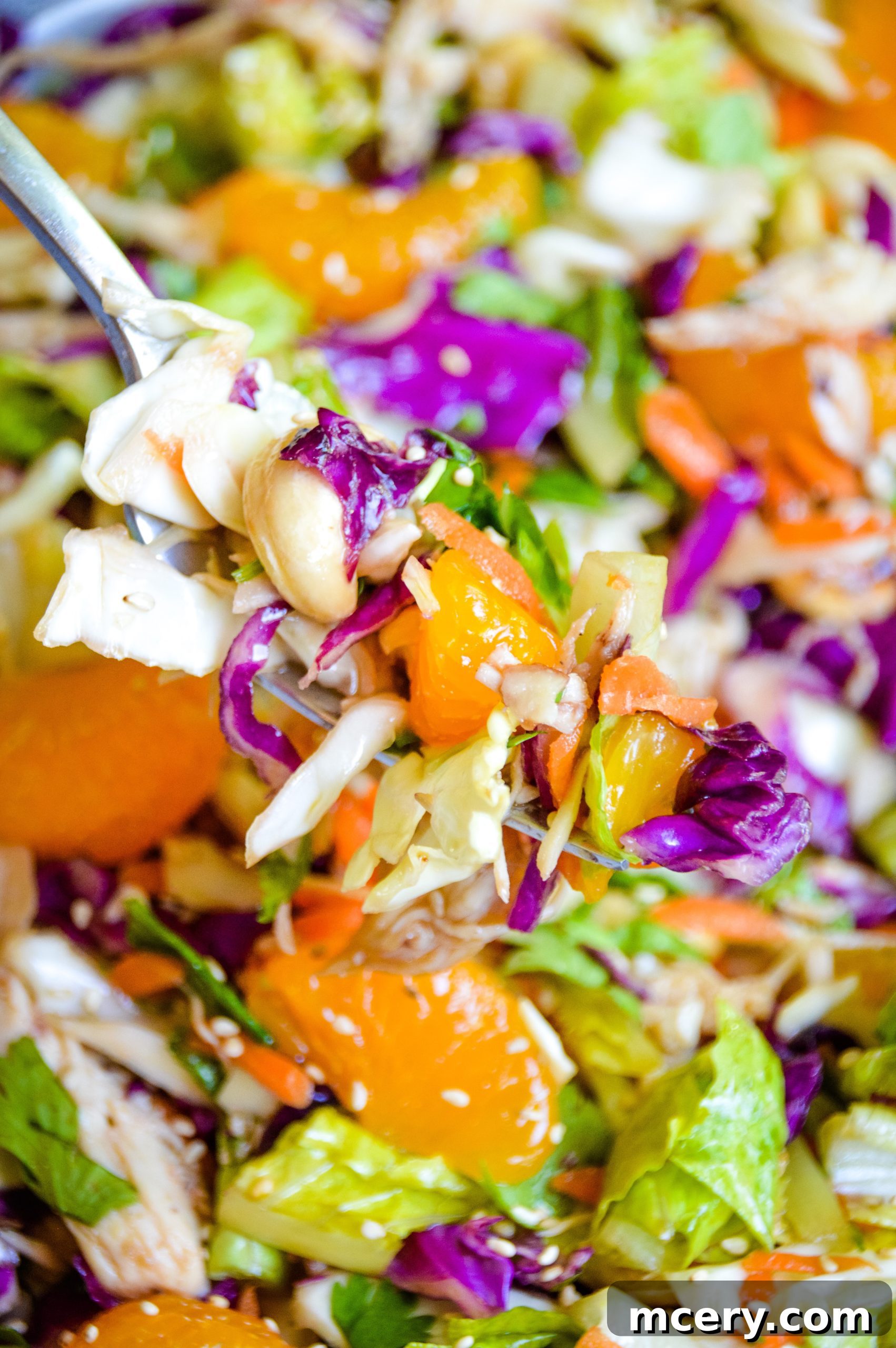 An overhead shot of the Chinese Chicken Chopped Salad, highlighting its colorful array of ingredients and the rich texture of the chicken and nuts.