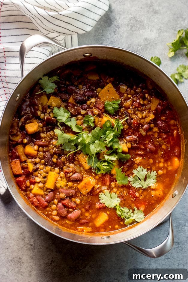 Butternut Bliss Chili 2 Butternut Squash Lentil Chili simmering in a Dutch oven, rich in color and texture.