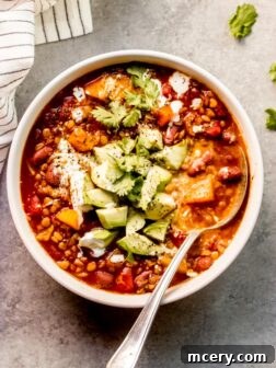 A bowl of creamy butternut squash and lentil chili, garnished with fresh cilantro and a swirl of sour cream.