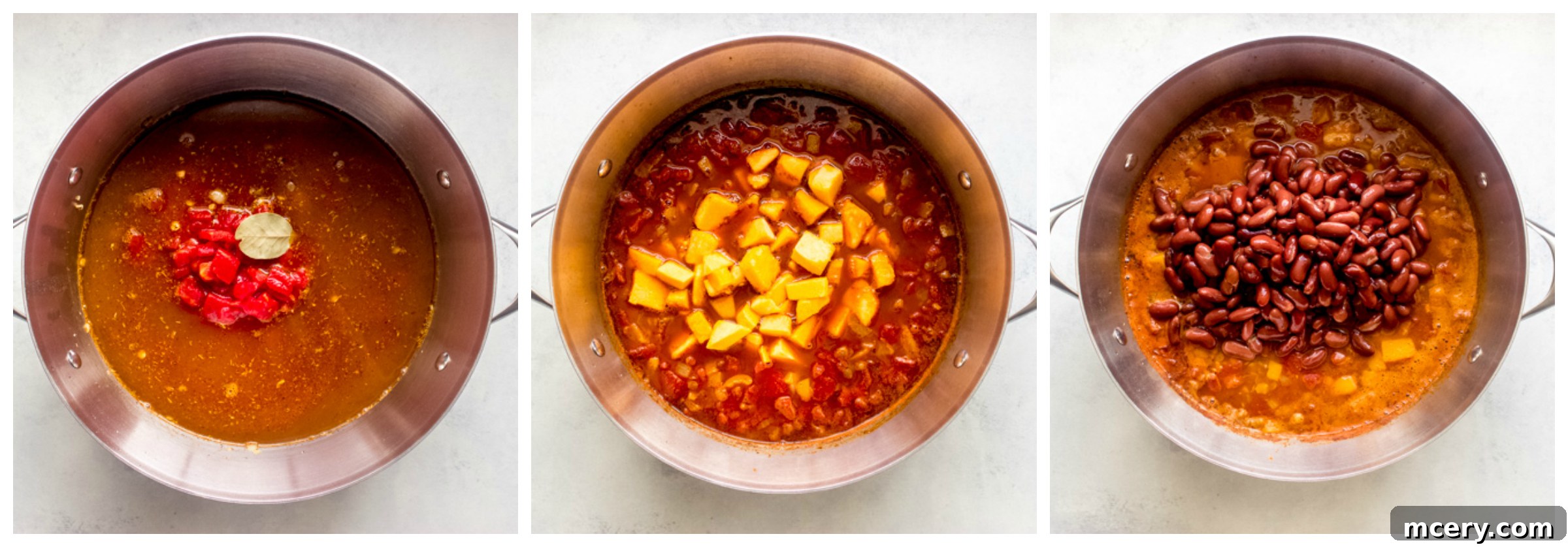 Butternut Bliss Chili 6 A Dutch oven filled with rich, bubbling lentil chili and butternut squash, ready to be served.