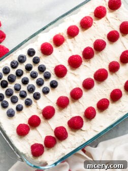 A stunning Icebox Cake in a clear glass dish, beautifully decorated as the American flag.