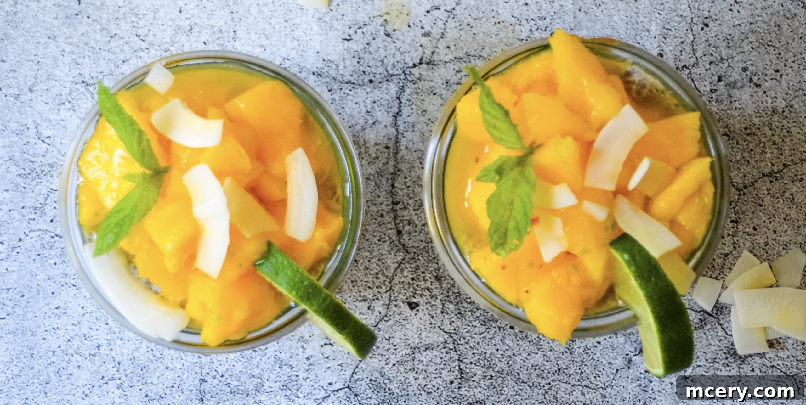 Sunshine Mango Lime Chia Pudding 5 Ingredients for Mango Lime Chia Pudding laid out on a table, including a whole mango, limes, almond milk, and chia seeds.